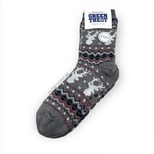 Green Treat Men’s 1 Pair SuperSoft Grey Deer Print Slipper Socks Size 8-12